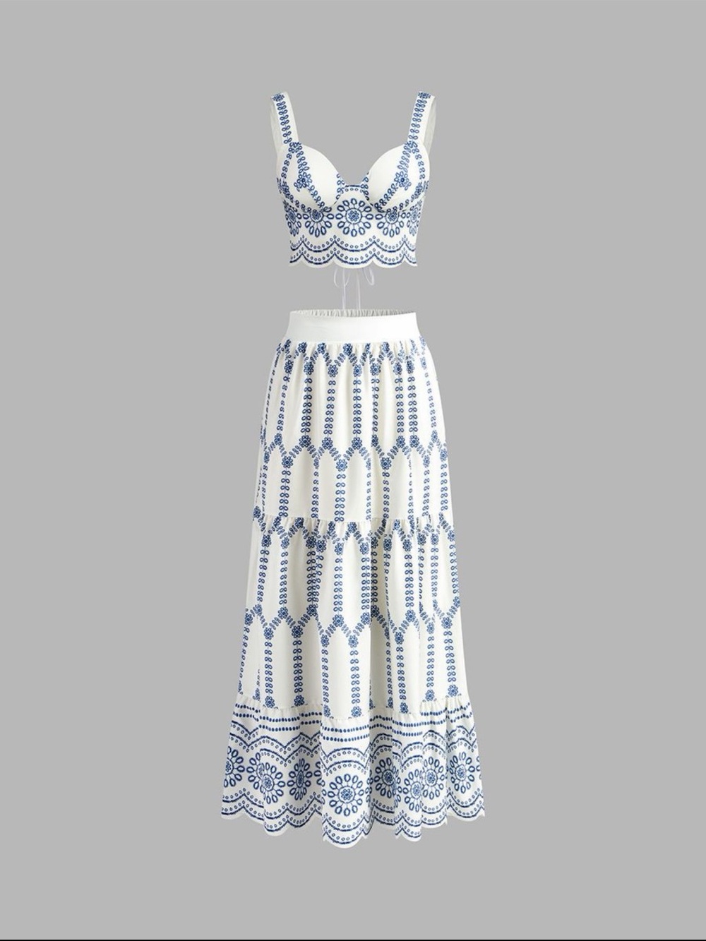 Commense White & Blue Maxi Skirt set-